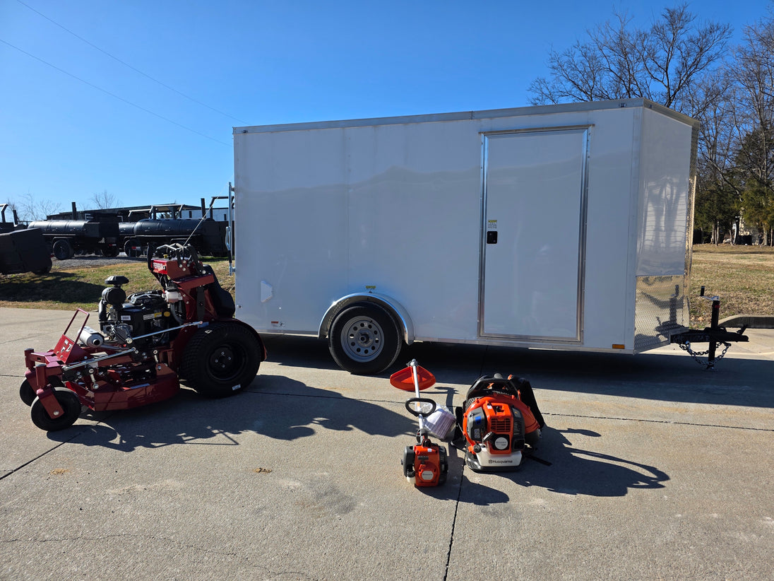 Ferris SRS Z1 36" 19HP 5901939 Kawasaki Stand-On Mower Handhelds Enclosed Trailer Bundle slight angled view picture 