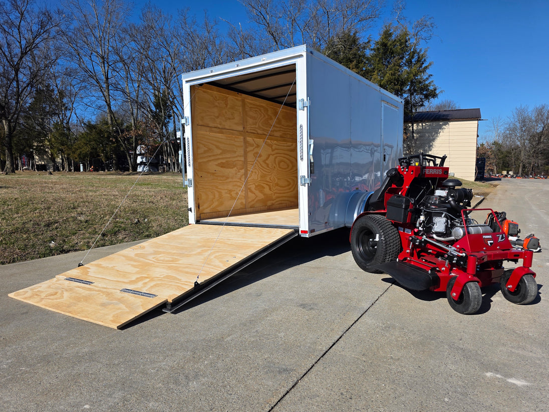 Ferris SRS Z1 36" 19HP 5901939 Kawasaki Stand-On Mower Handhelds Enclosed Trailer Bundle trailer with ramp down view picture 
