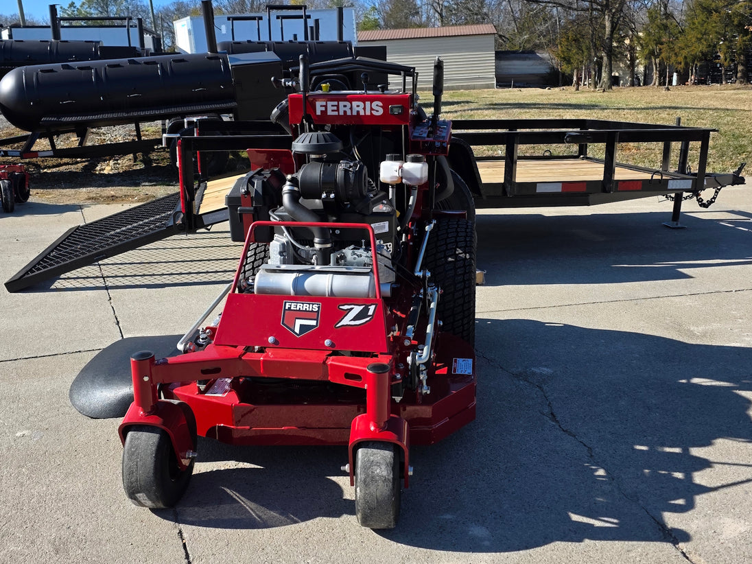 Ferris SRS Z1 36" 19HP Kawasaki 5901939 Stand-On Mower 5x10 Utility Trailer Package (Instant Rebate Included) front picture with ramp down view 