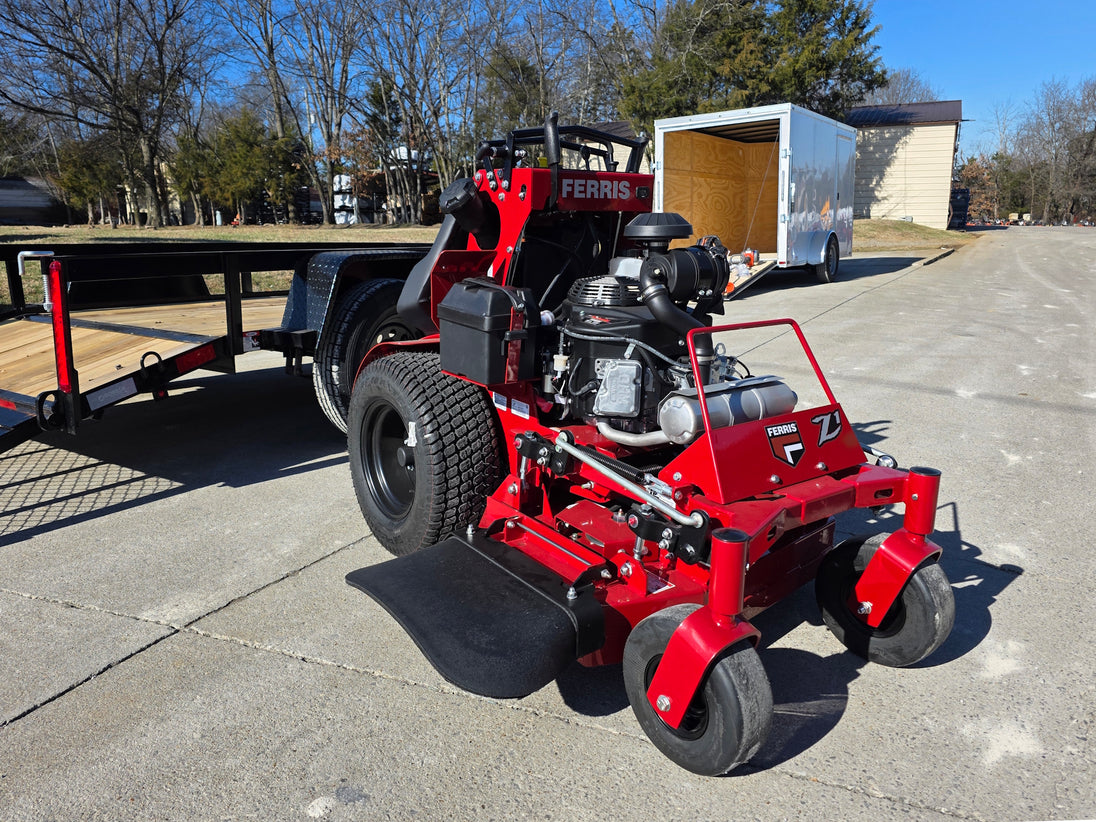 Ferris SRS Z1 36" 19HP Kawasaki 5901939 Stand-On Mower 5x10 Utility Trailer Package (Instant Rebate Included) left angled mower with ramp down view picture 