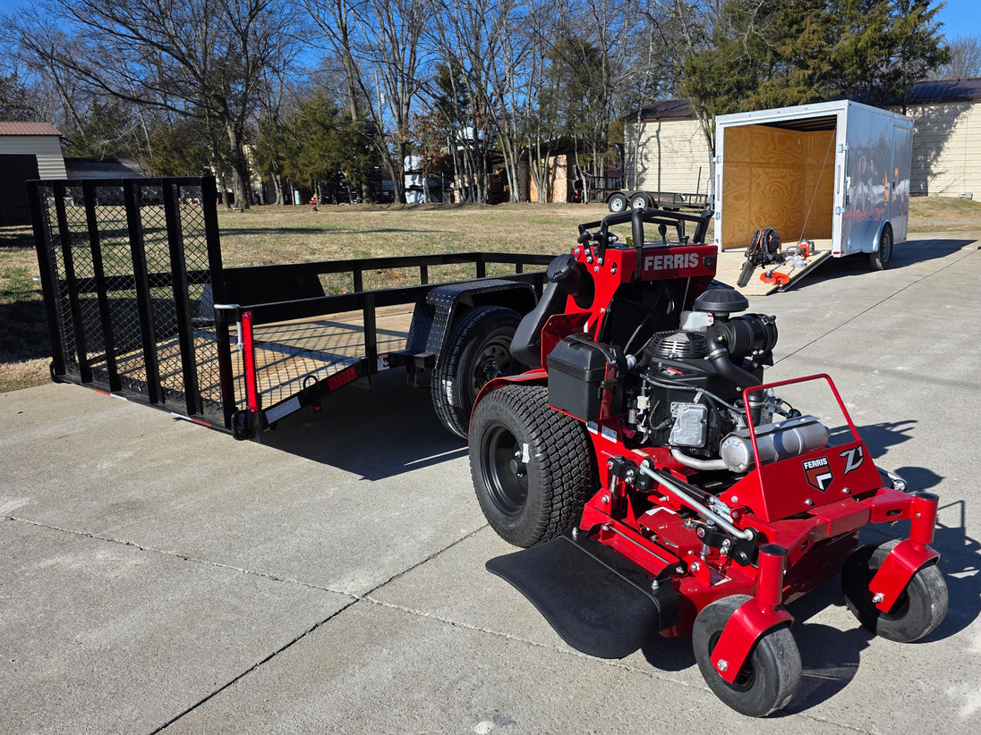 Ferris SRS Z1 36" 19HP Kawasaki 5901939 Stand-On Mower 5x10 Utility Trailer Package (Instant Rebate Included) left angled view picture