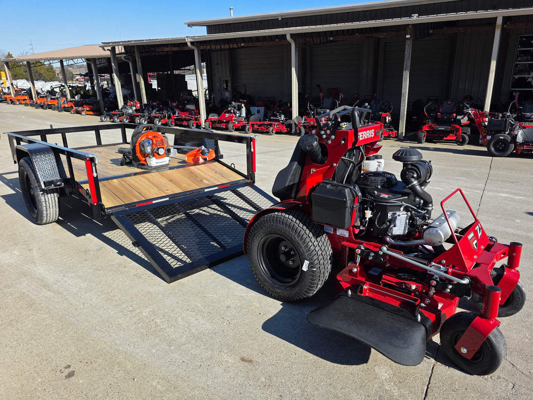 Ferris SRS Z1 5901939 36" Stand-On Mower Handhelds Util Trailer Bundle off ramp left angled view picture 