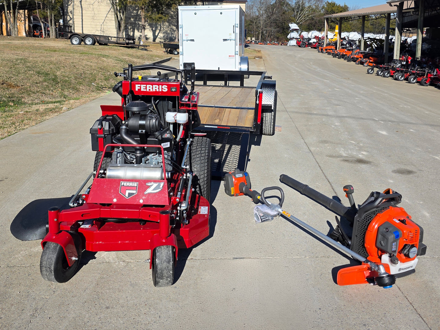 Ferris SRS Z1 5901939 36" Stand-On Mower Handhelds Util Trailer Bundle straight off ramp view picture 