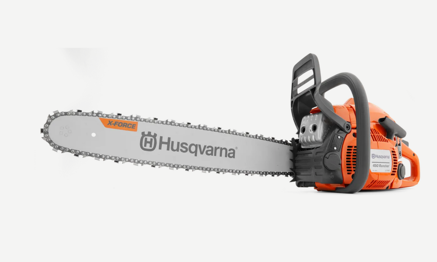 Husqvarna 450 Rancher 20" Gas-Powered Chainsaw Front View. 