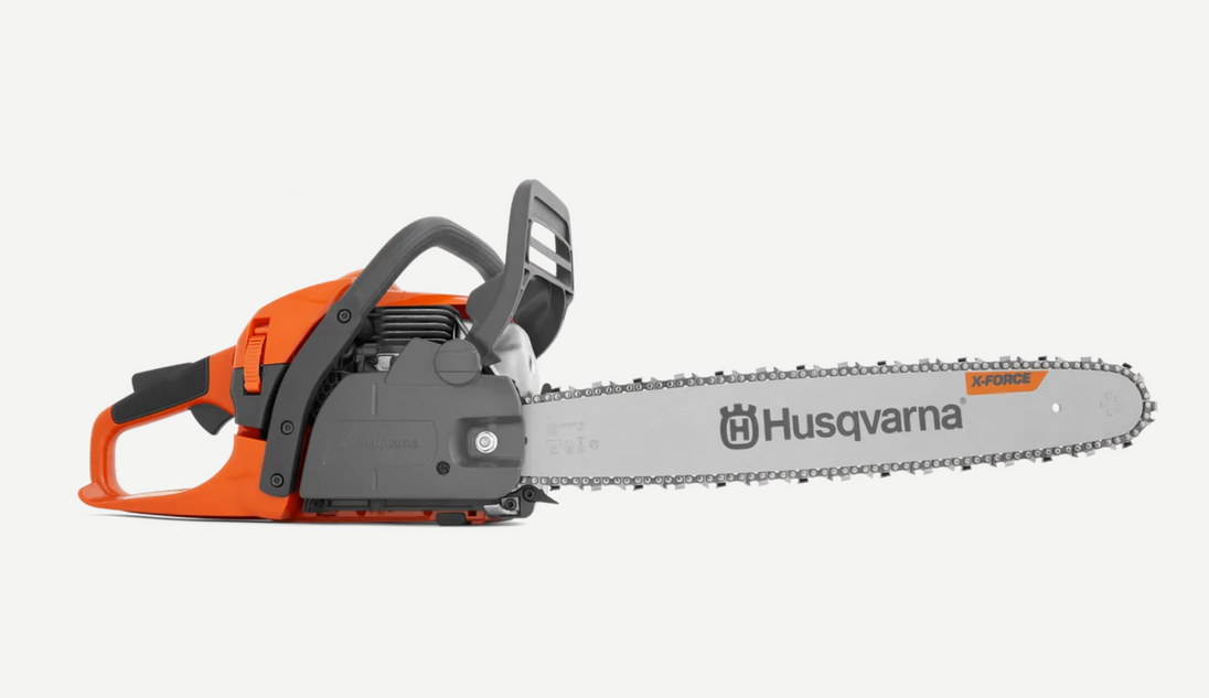 Husqvarna 450 Rancher 20" Gas-Powered Chainsaw, Side View. 