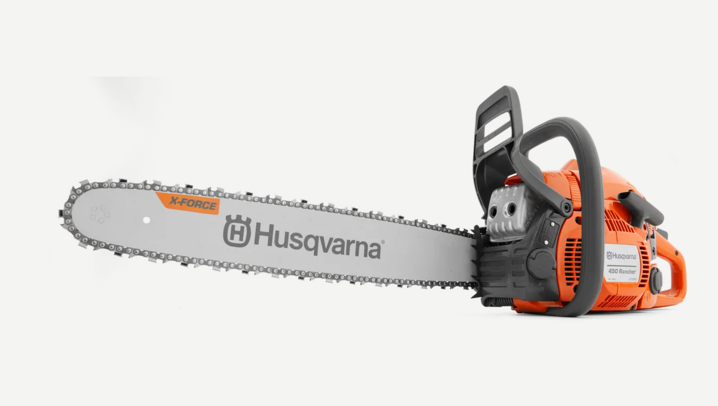 Husqvarna 450 Rancher Gas-Powered Chainsaw (18") With Chainsaw Box (open box),Front View. 