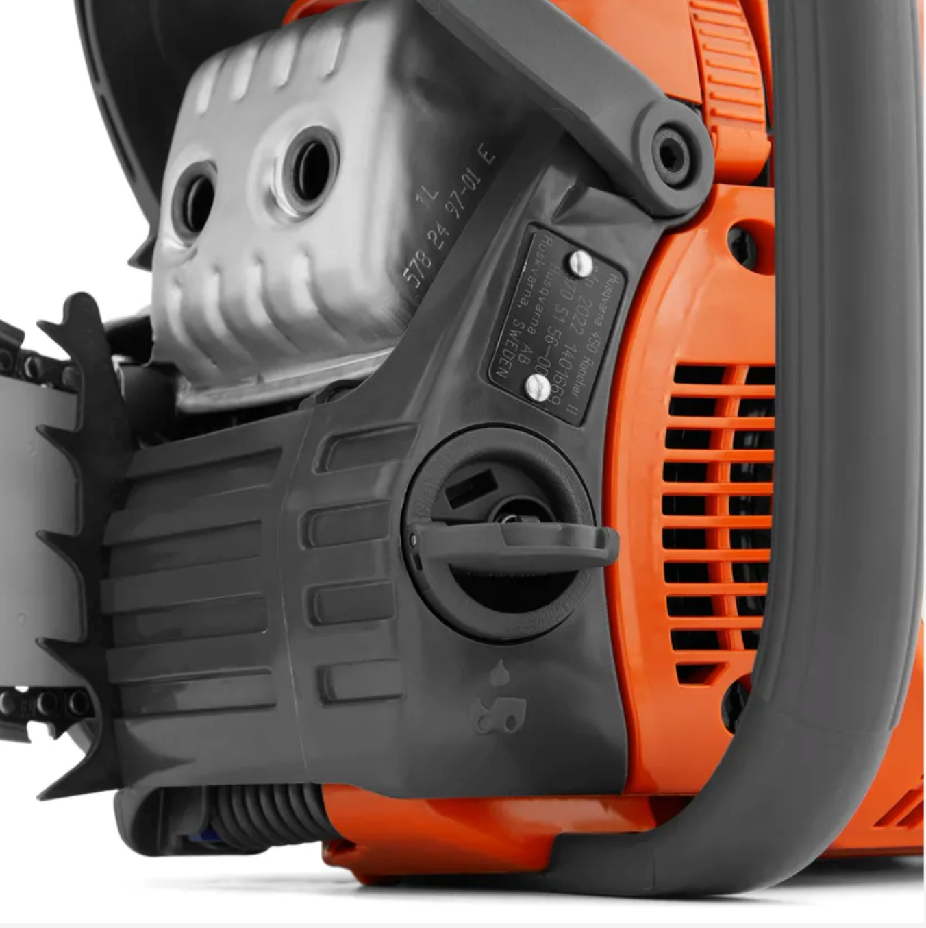 Husqvarna 450 Rancher Gas-Powered Chainsaw (18") With Chainsaw Box (open box), Motor View. 