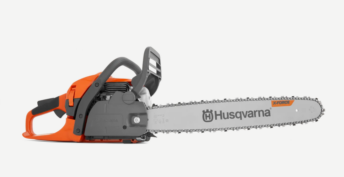 Husqvarna 450 Rancher Gas-Powered Chainsaw (18") With Chainsaw Box (open box) Side View. 