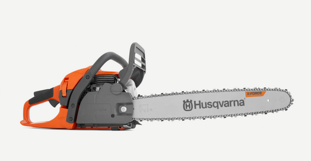 Husqvarna 450 Rancher Gas-Powered Chainsaw (18") With Chainsaw Box (open box) Side View. 
