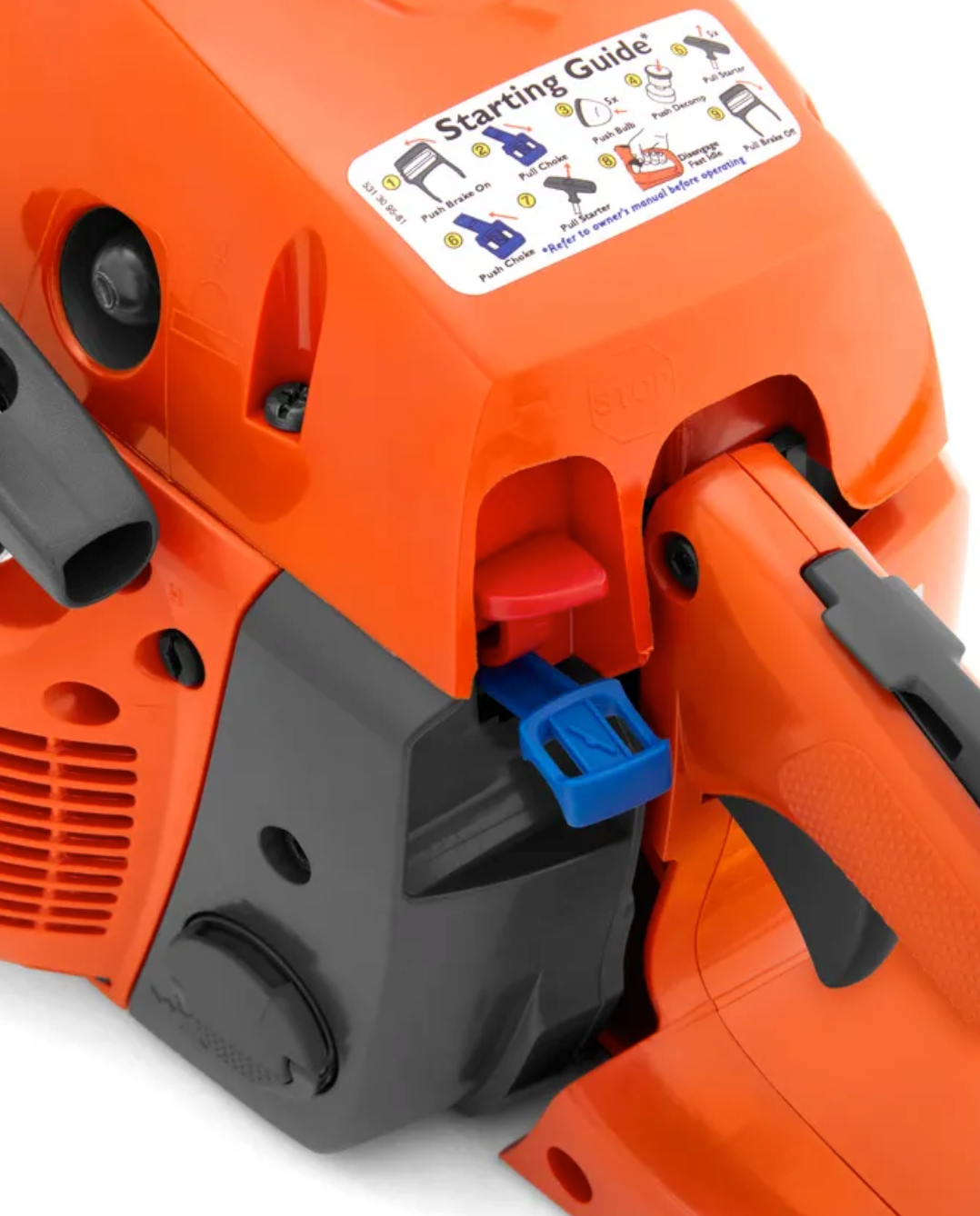 Husqvarna 455 Rancher Chainsaw 20" Bar - 55.5cc X-Torq Engine, Up View. 