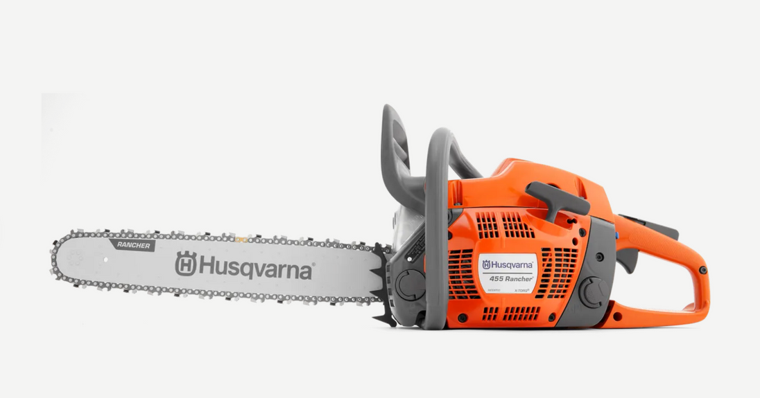 Husqvarna 455 Rancher Chainsaw 20" Bar - 55.5cc X-Torq Engine (Open Box), Side View. 