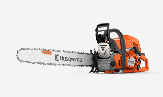 Husqvarna 592 XP 93cc Gas Chainsaw 20", 3/8 Pitch, .050 Gauge, Side View. 