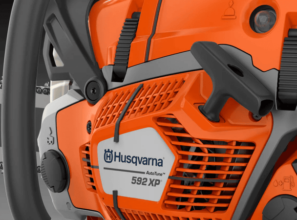 Husqvarna 592 XP 93cc Gas Chainsaw 28", 3/8 Pitch, .050 Gauge, Motor View.