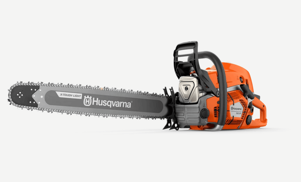 Husqvarna 592 XP 93cc Gas Chainsaw 24", 3/8 Pitch, .050 Gauge, Side View. 
