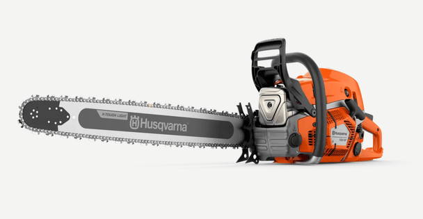 Husqvarna 592 XP G 93cc Gas Chainsaw 28", XT-Light, Heated, Side View. 