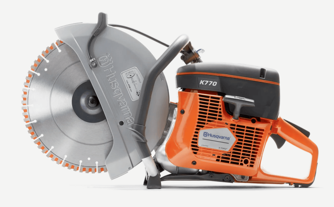 Husqvarna K770 12" Power Cutter, 73.5cc, 5hp, 4" cutting depth, 22.4lbs,Side View. 
