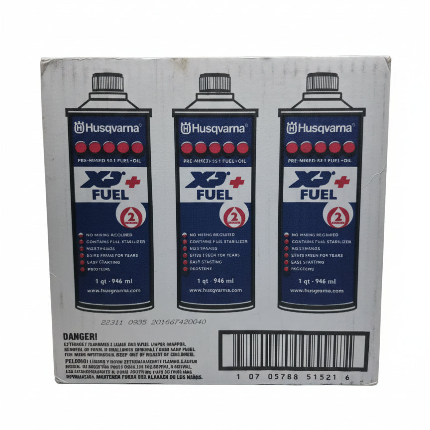 Husqvarna Oil Part 584309701 XP Pre-Mixed 2-Stroke Fuel and Engine Oil Quart 6 Pack back packaging picture.