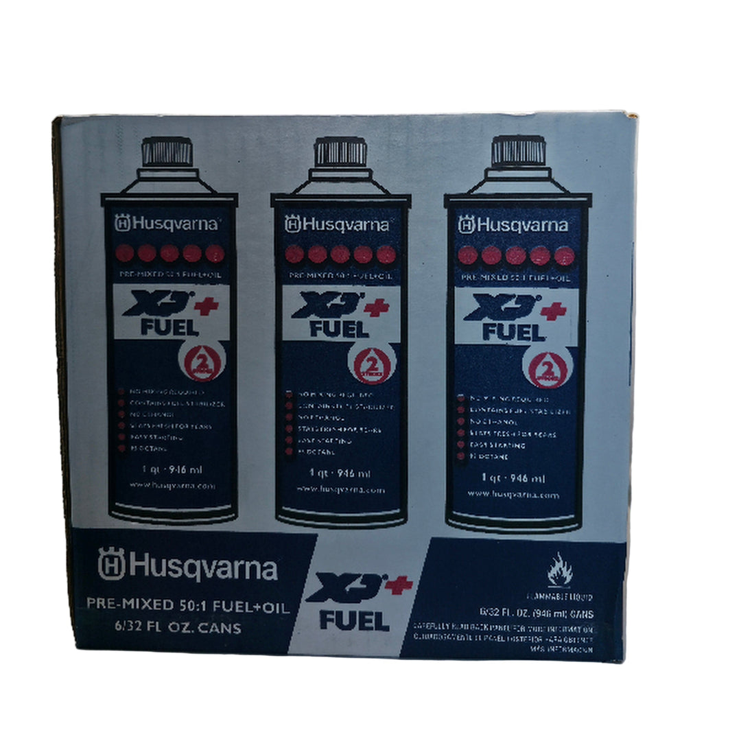 Husqvarna Oil Part 584309701 XP Pre-Mixed 2-Stroke Fuel and Engine Oil Quart 6 Pack front packaging picture.