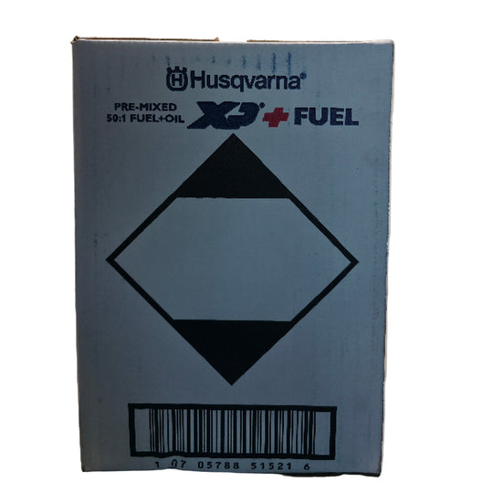 Husqvarna Oil Part 584309701 XP Pre-Mixed 2-Stroke Fuel and Engine Oil Quart 6 Pack side packaging picture.