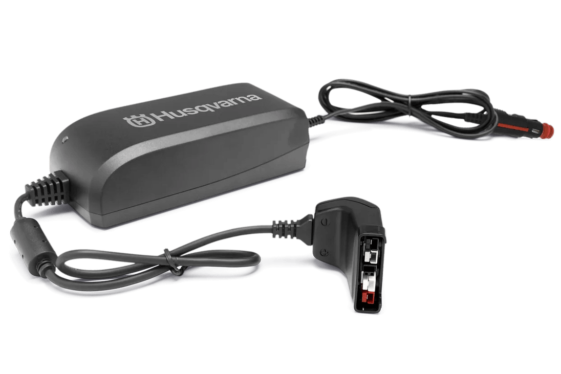 Husqvarna QC80F Battery charger for in vehicle charging using 12 volt port,Front View. 