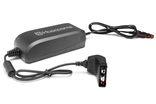 Husqvarna QC80F Battery charger for in vehicle charging using 12 volt port,Front View. 