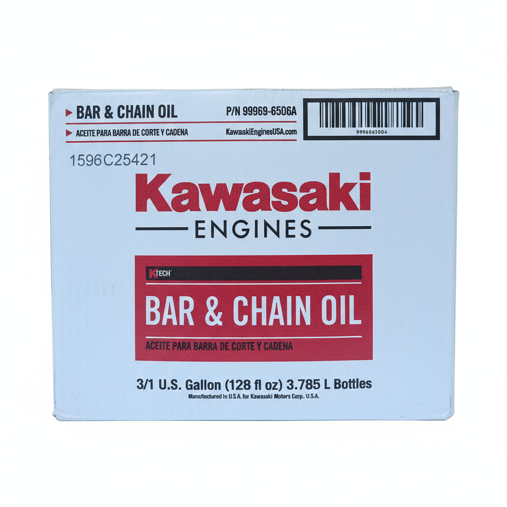Kawasaki Genuine Part 99969-6506A OIL: BAR & CHAIN 1GL Pack of 3 front box packaging picture.