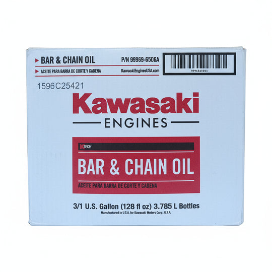Kawasaki Genuine Part 99969-6506A OIL: BAR & CHAIN 1GL Pack of 3 front box packaging picture.