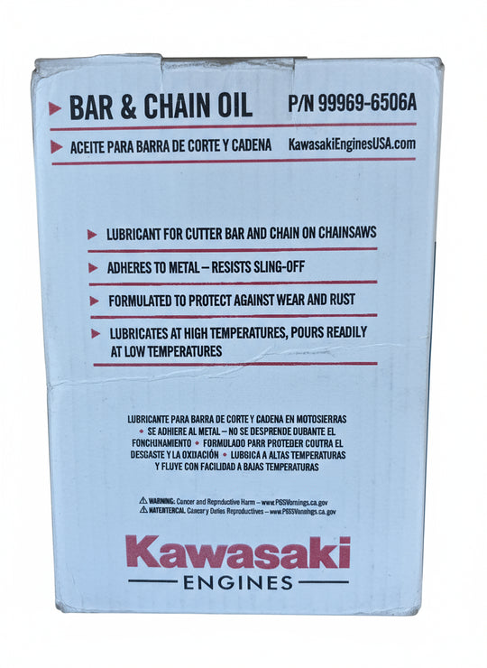 Kawasaki Genuine Part 99969-6506A OIL: BAR & CHAIN 1GL Pack of 3 side box packaging picture.