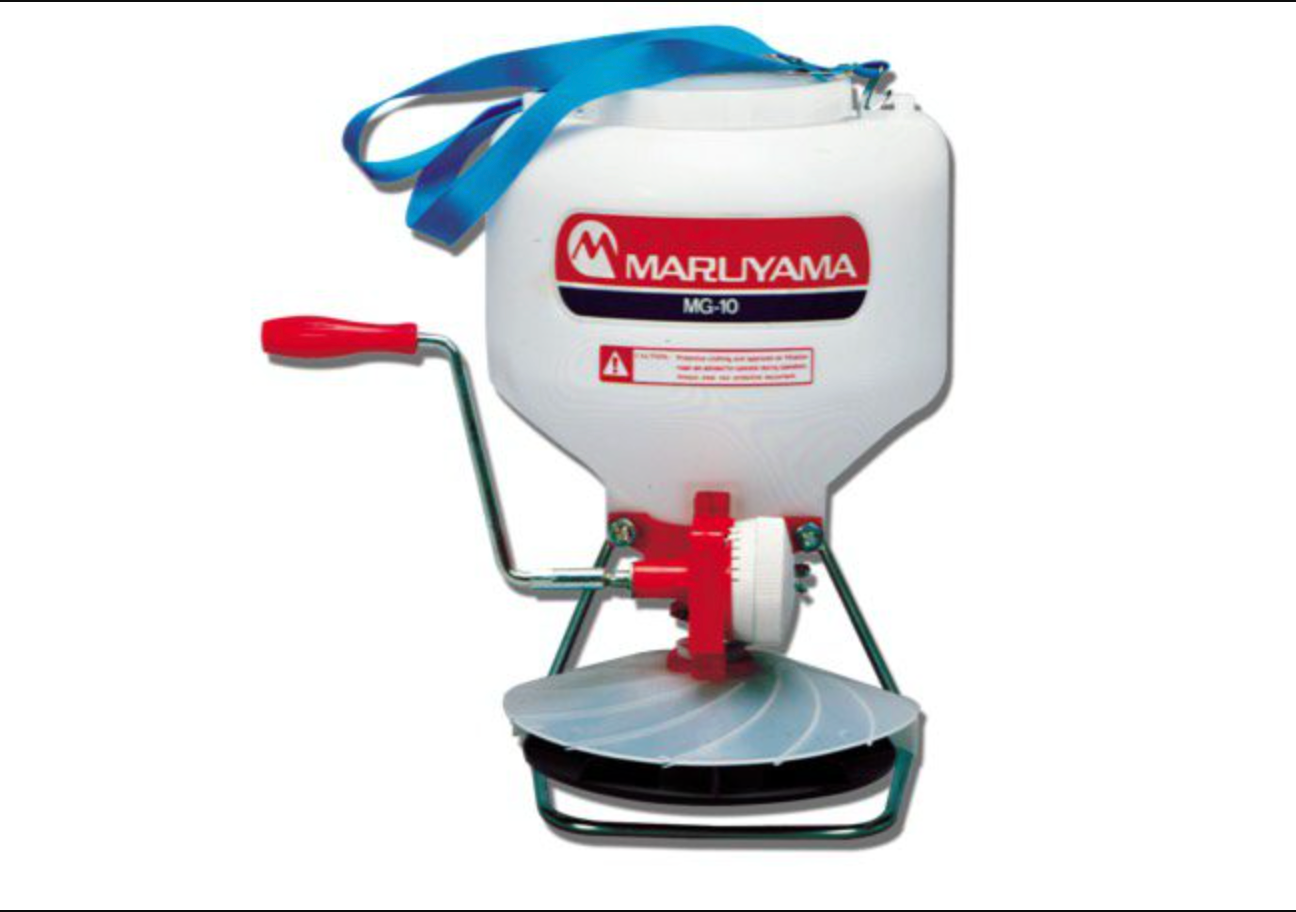 Maruyama MG10 Manual Spreader w/Neck Strap,Front View. 