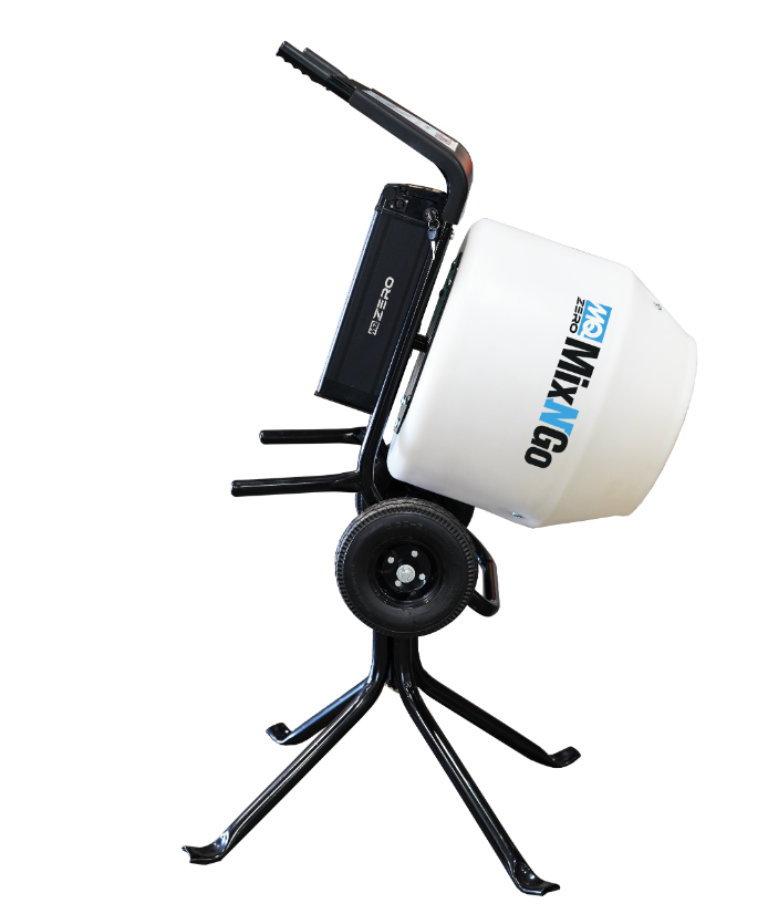 Multiquip MC3PBAT Mixer-Conc  Poly Drum  3cf  48V battery,Side View. 