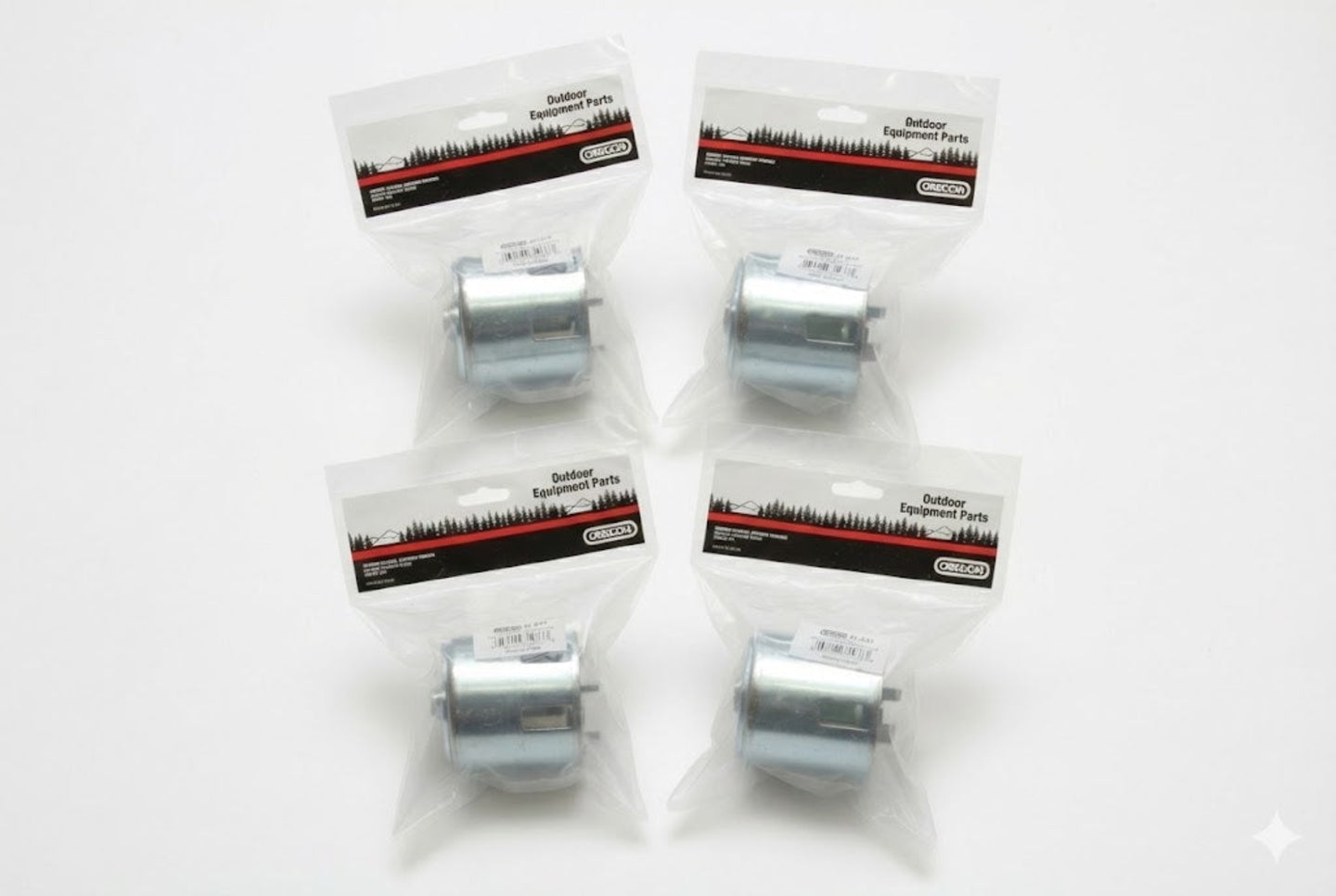 Pack of 4 Oregon 31-033 Starter Cups for Honda GX240 engines, with debris screens and durable construction, replacing Honda 28450-ZE2-W11. front straight packaging picture 