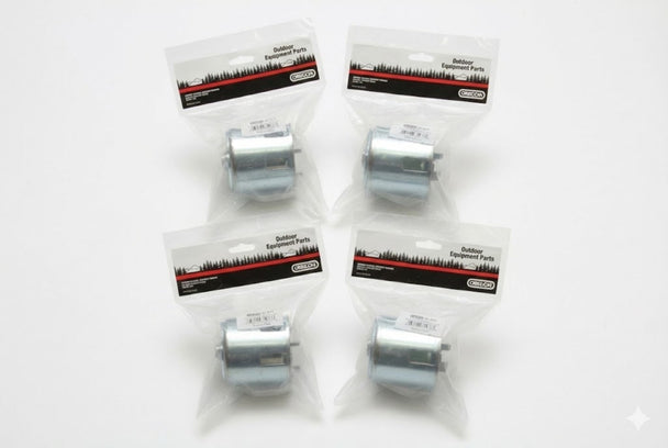 Pack of 4 Oregon 31-033 Starter Cups for Honda GX240 engines, with debris screens and durable construction, replacing Honda 28450-ZE2-W11. front straight packaging picture 