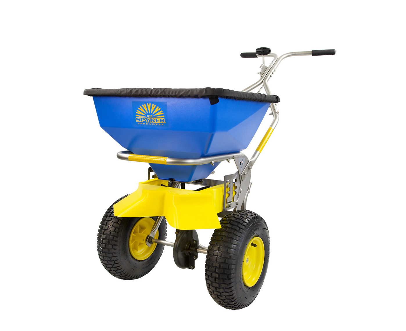 Spyker ERGO-PRO 50lb Push Spreader, Stainless Steel, Cover & Screen,Side View.