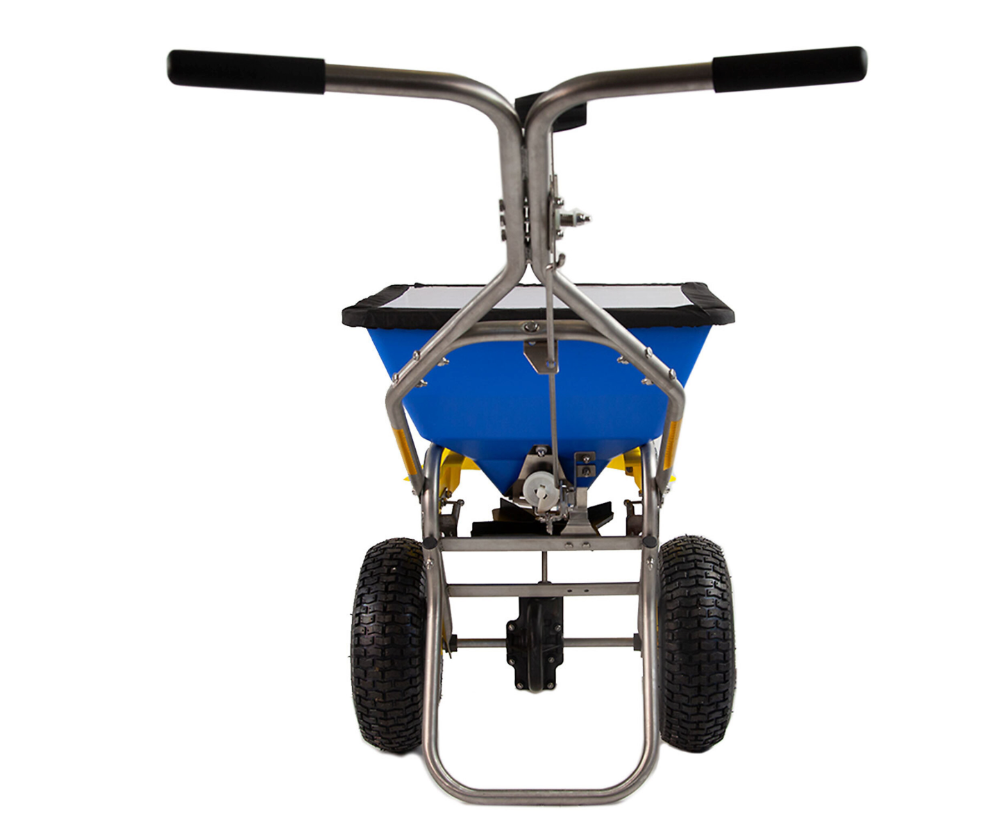 Spyker ERGO-PRO 50lb Push Spreader, Stainless Steel, Cover & Screen,Back View.