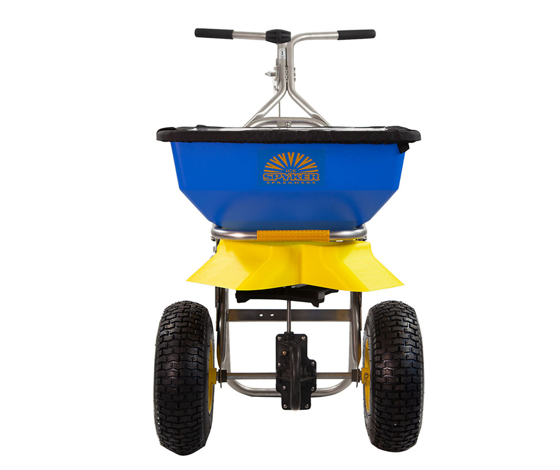 Spyker ERGO-PRO 50lb Push Spreader, Stainless Steel, Cover & Screen,Front View.