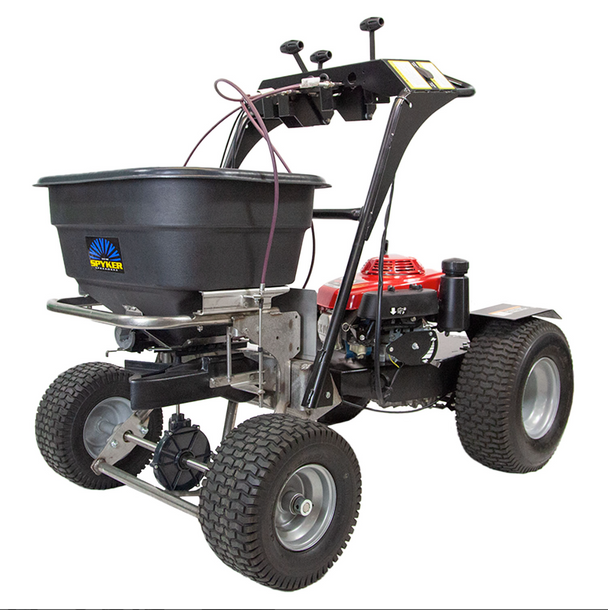 Spyker S100-12020 120lb PRO Ride-On Spreader, Stainless Frame w/Screen & Cover,Front View. 