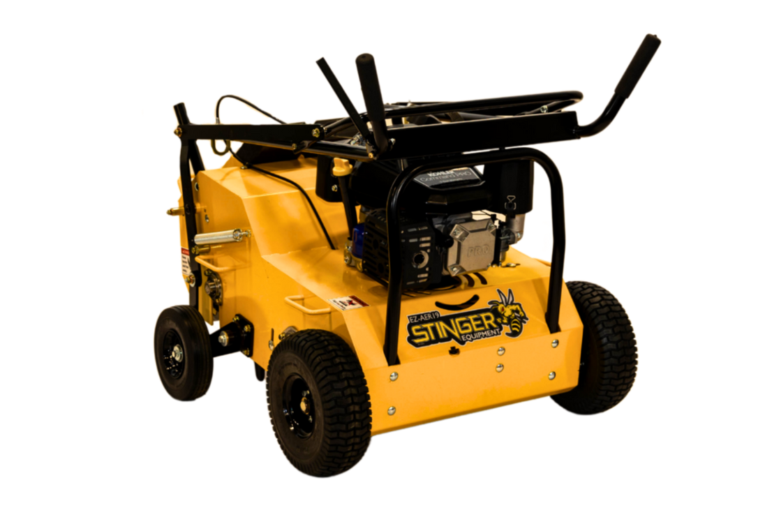 Stinger EZA25 25" Compact Hydrostatic Aerator Kohler front left angled view picture with handle down 