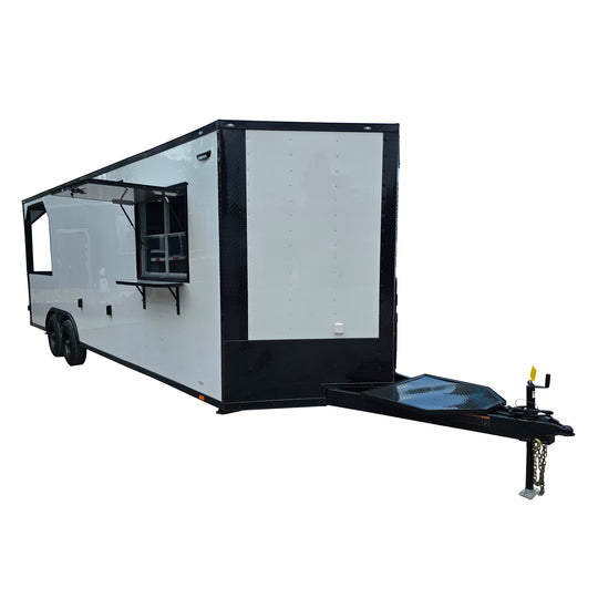8.5' X 24' White With Black Out Concession Trailer With 6ft Porch - SLE Equipment - 1