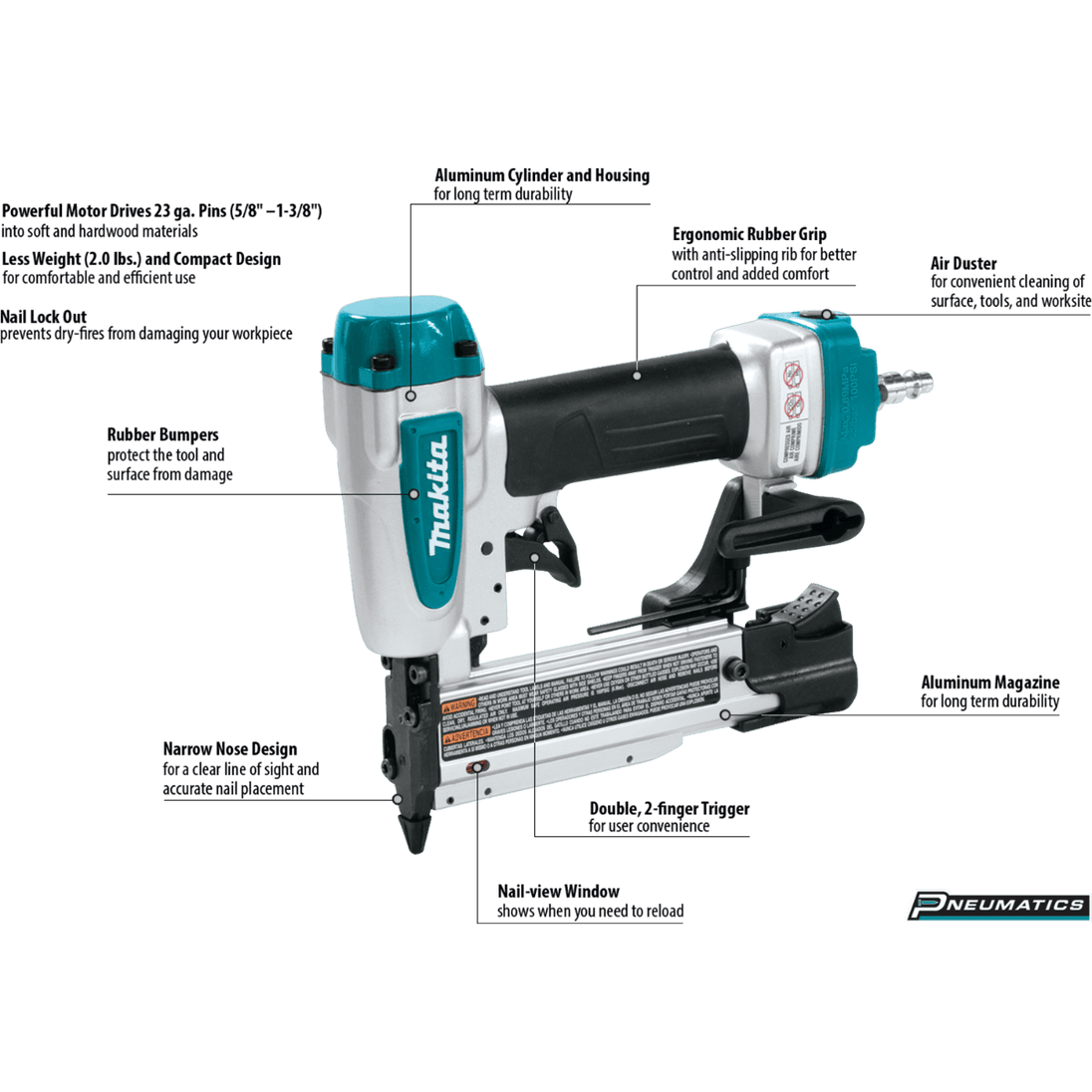 Makita AF353 23 Gauge, 1‑3/8" Pin Nailer - 65 - 100 (PSI) - SLE Equipment - 2