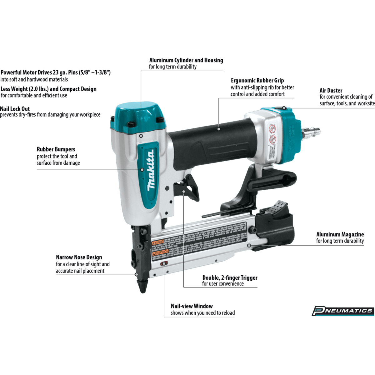 Makita AF353 23 Gauge, 1‑3/8" Pin Nailer - 65 - 100 (PSI) - SLE Equipment - 2