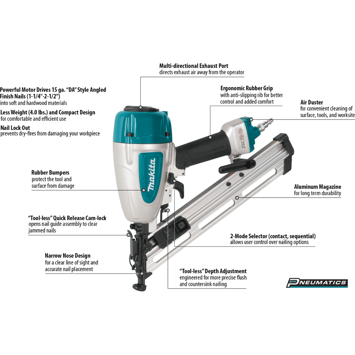 Makita AF635 15 Gauge, 2‑1/2" Angled Finish Nailer, 34⁰ - 70 - 120 (PSI) - SLE Equipment - 2