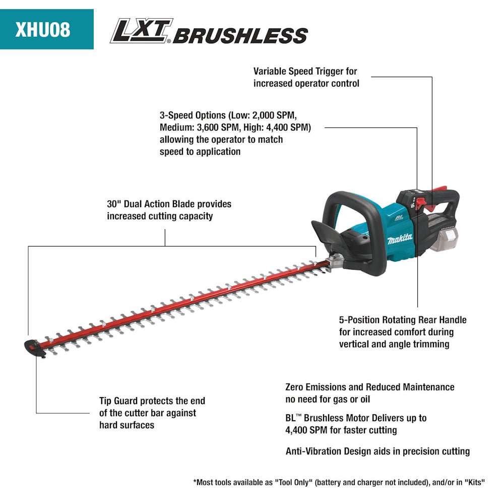 Makita 18V LXT Lithium - Ion Brushless Cordless 30" Hedge Trimmer Kit XHU08T (5.0Ah) - Includes 2 Batteries and Rapid Charger - SLE Equipment - 3