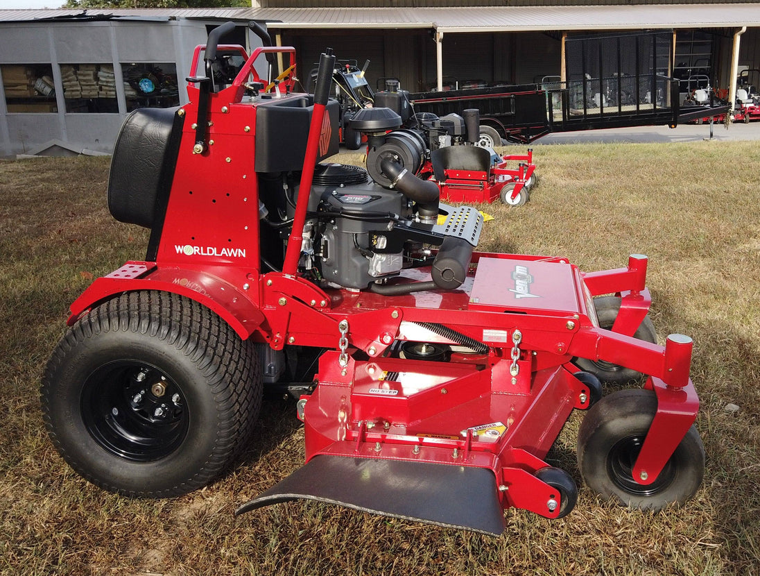 WorldLawn Venom Stand-On Walk Behind Mower Front Left - 36" Shown