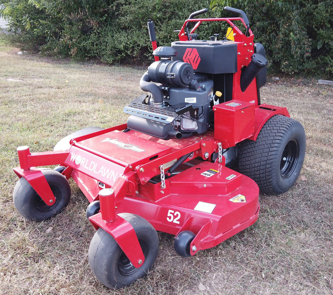 WorldLawn Venom Stand-On Walk Behind Mower Front Left - 36" Shown