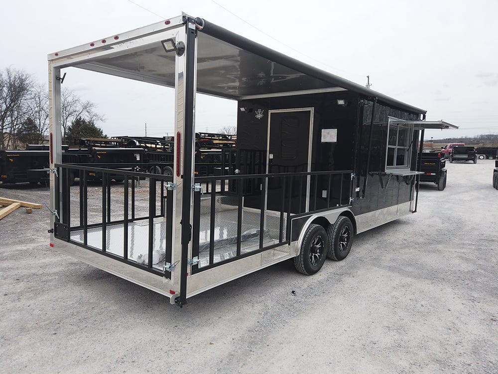 8.5' x 24' Black Porch Style BBQ Vending Trailer