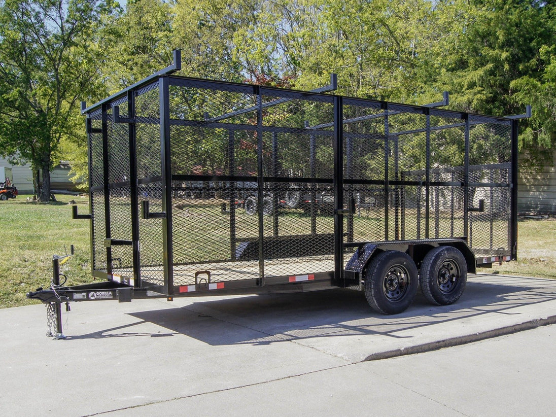 7x16 Tandem Straight Deck Utility Trailer with 6ft Mesh Sides and Ladder Racks