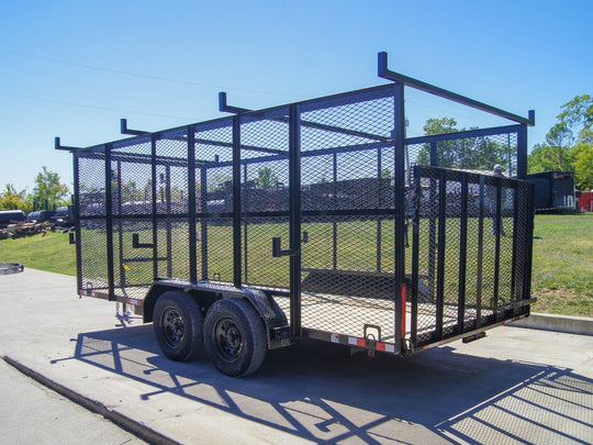 7x16 Tandem Straight Deck Utility Trailer with 6ft Mesh Sides and Ladder Racks