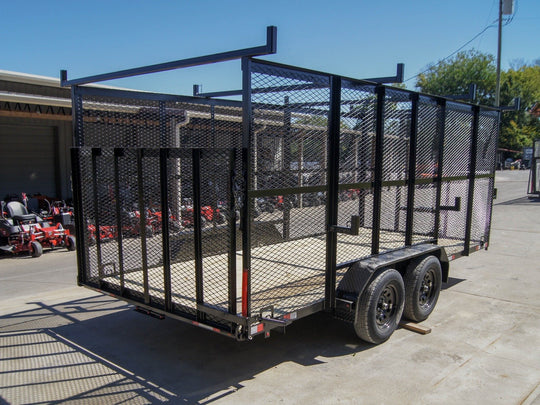 7x16 Tandem Straight Deck Utility Trailer with 6ft Mesh Sides and Ladder Racks