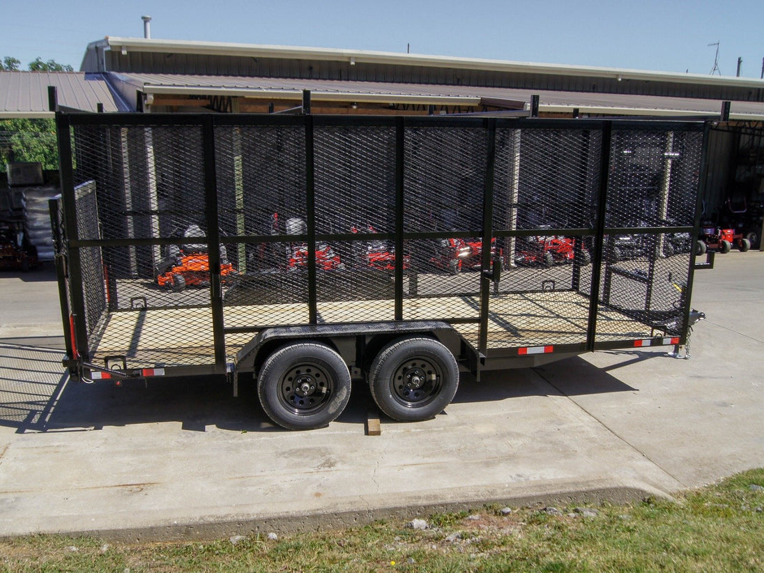 7x16 Tandem Straight Deck Utility Trailer with 6ft Mesh Sides and Ladder Racks