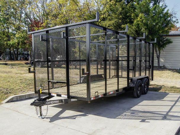 7x18 Tandem Straight Deck Utility Trailer with 6ft Mesh Sides and Ladder Racks